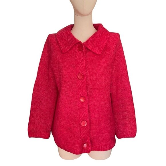 Handmade Sweaters - Vintage Hand Knit Pink Collared Long Sleeve Button Up Cardigan Women's Sz L